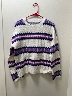 LOFT White Cable Knit Crew Sweater with Purple and Navy Fair Isle